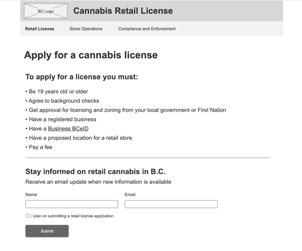Wireframe of webpage describing what is required to apply for a license